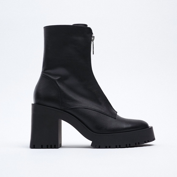 ZARA Zippered Leather Heeled Boots - Picture 2 of 14